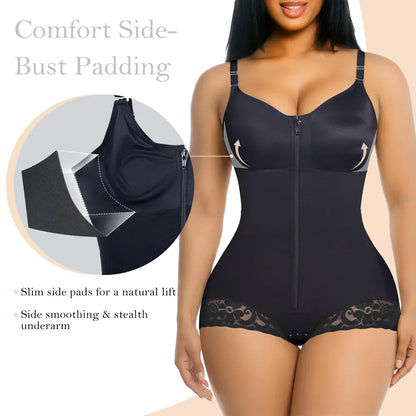 Side Bust Padded Front Zip Brief Cut Bodysuit